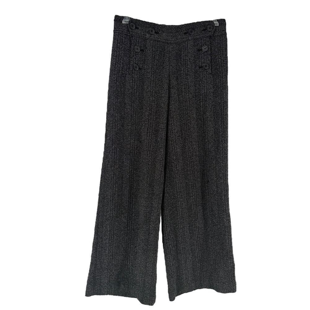 Max Studio Wide Leg Trouser Pants Womens Size 8 Black Sailor Button Career Tweed